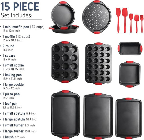 Baking Pan Set, 15 Piece Premium Nonstick Bakeware Sets BPA Free, Cookie Sheets Nonstick Steel Baking Sheets for Oven with Muffin Pan, Cake Pan & Kitchen Utensils - Black