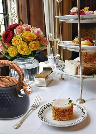 Tea Kettle Stovetop, 3.2 Qt Stainless Steel Whistling Kettle for Stove Top, Food Grade Teapot with Wood Pattern Handle for Coffee, Milk etc, Gas Electric Applicable (Black)