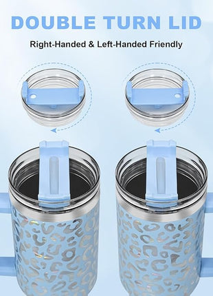 40 oz Tumbler with Handle and Straw, 100% Leak-Proof Travel Mug, Stainless Steel Double Wall Vacuum Insulated Coffee Cup Keeps Cold For 34 Hours, Dishwasher Safe, Hawkes Blue Leopard