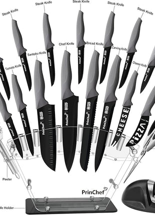 PrinChef Knife Set, 19 Pcs Rust Proof Knives Set for Kitchen, with Acrylic Stand, Sharpener, Scissors and Peeler, Stainless Steel kitchen knife set Nonstick and No Scratch