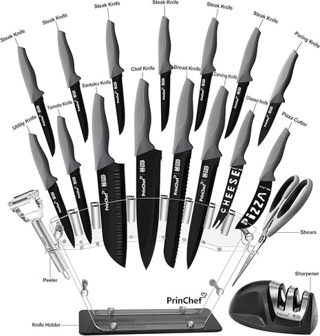 PrinChef Knife Set, 19 Pcs Rust Proof Knives Set for Kitchen, with Acrylic Stand, Sharpener, Scissors and Peeler, Stainless Steel kitchen knife set Nonstick and No Scratch