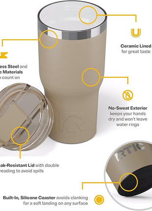 RTIC 20oz Essential Tumbler with Lid, Ceramic Lined, Insulated, Stainless Steel, Metal, Double Wall Vacuum-Insulation, Travel Cup for Iced Coffee, Tea, Hot and Cold Drink, Beach