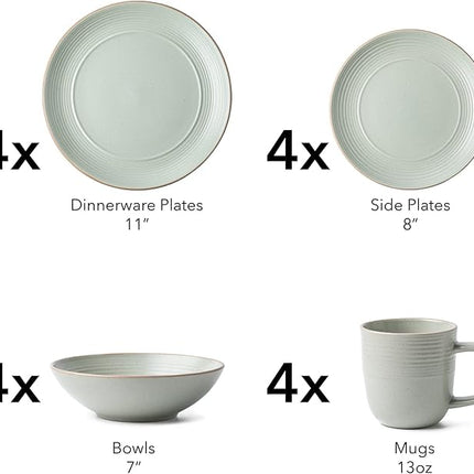 RINGAR Round Stoneware 16pc Dinnerware Set of 4, Dinner Plates, Side Plates, Cereal Bowls, Mugs - Speckle Matte White (406646)