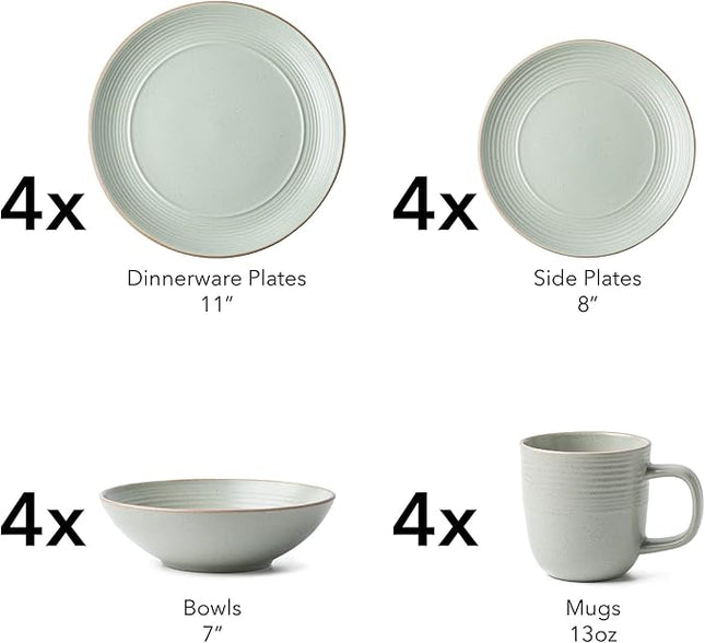 RINGAR Round Stoneware 16pc Dinnerware Set of 4, Dinner Plates, Side Plates, Cereal Bowls, Mugs - Speckle Matte White (406646)