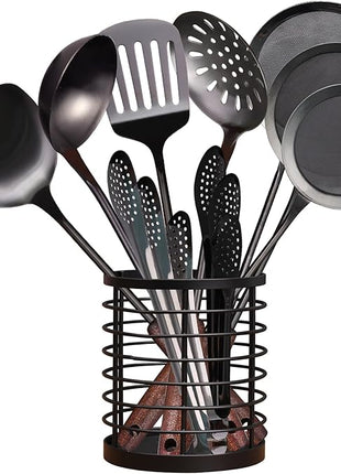 MARTE Kitchen Cooking Utensils Set,11 Pcs Black 18/10 Stainless Steel Cooking Spatula Set with Utensil Holder,Spatula,Serving Ladle, Skimmer Spoon,Slotted Tunner,Fine Mesh Skimmer Spoon,Cooking Tongs
