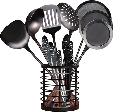 MARTE Kitchen Cooking Utensils Set,11 Pcs Black 18/10 Stainless Steel Cooking Spatula Set with Utensil Holder,Spatula,Serving Ladle, Skimmer Spoon,Slotted Tunner,Fine Mesh Skimmer Spoon,Cooking Tongs