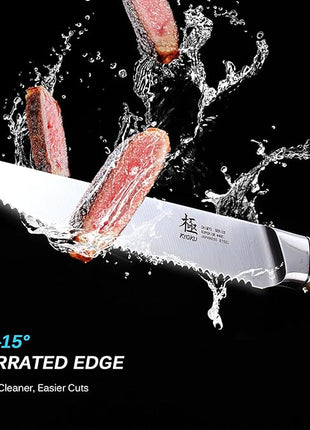 KYOKU 5 Inch Steak Knife Set of 4 - Daimyo Series Japanese 440C Stainless Steel Serrated Steak Knives - Ergonomic Rosewood Handles Mosaic Pins - with Sheaths & Case