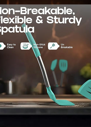 Silicone Spatula Set - Turner Spatulas Silicone Heat Resistant 600°F - Slotted & Solid Spatula for Cooking Fish, Eggs, Pancakes Flipper – Spatulas for kitchen use – Turquoise