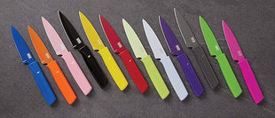 Kuhn Rikon Straight Paring Knife with Safety Sheath, 4 inch/10.16 cm Blade, Red, Yellow & Blue (Pack of 1)