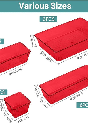 WOWBOX 25 PCS Plastic Drawer Organizer Set, 4 Sizes Desk Drawer Divider Organizers and Storage Bins for Makeup, Jewelry, Gadgets for Kitchen, Bedroom, Bathroom, Office, Clear Red