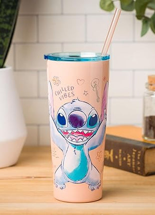 Silver Buffalo Disney Lilo and Stitch Island Doodles Chilled Vibes Double Walled Stainless Steel Tumbler with Straw, 22 Ounces