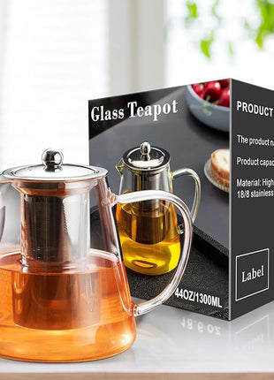 PARACITY Glass Teapot Stovetop 44 OZ, Borosilicate Clear Tea Kettle with Removable 18/8 Stainless Steel Infuser, Teapot Blooming and Loose Leaf Tea Maker Tea Brewer for Camping, Travel (1300ml)