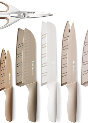 Astercook Knife Set, 13 Pieces Kitchen Knives Set with Healthy Anti-Rust Coating, Dishwasher Safe, Stainless Steel Chef Knife Sets with 6 Blade Guards, Perfect Holiday Gifts for Kitchen