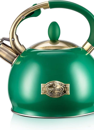 SUSTEAS Stove Top Whistling Tea Kettle - Food Grade Stainless Steel Teakettle Teapot with Cool Touch Ergonomic Handle, With 1 Silicone Pinch Mitt Included, 2.64 Quart (Green)