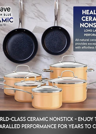 Nuwave Healthy Duralon Blue Ceramic Nonstick Cookware Set, Diamond Infused Scratch-Resistant, PFAS Free, Dishwasher & Oven Safe, Induction Ready & Evenly Heats, Tempered Glass Lids & Stay-Cool Handles