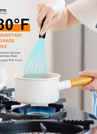 HOTEC 4 Pieces Silicone Whisks Set, Wire Balloon Whisks Egg Beater, Non-slip Handle Whisk for Non-stick Cookware Perfect for Cooking, Stirring, Beating and Blending (Blue)