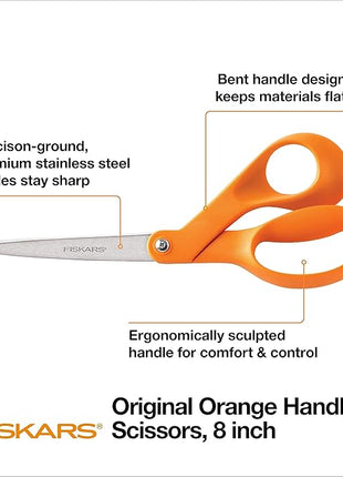 Fiskars 8" Original Orange-Handled Stainless Steel Scissors, Ergonomic and Keeps Material Flat, Sharp All-Purpose Paper and Fabric Scissors for Office, Arts, and Crafts