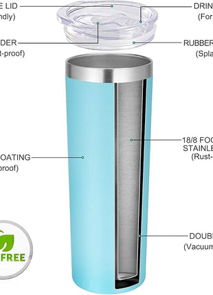 VEGOND Stainless Steel Tumblers Bulk 6 Pack, 20 oz Vacuum Insulated Skinny Tumblers with Lid and Straw, Double Wall Coffee Mug, Travel Water Cup, Blue