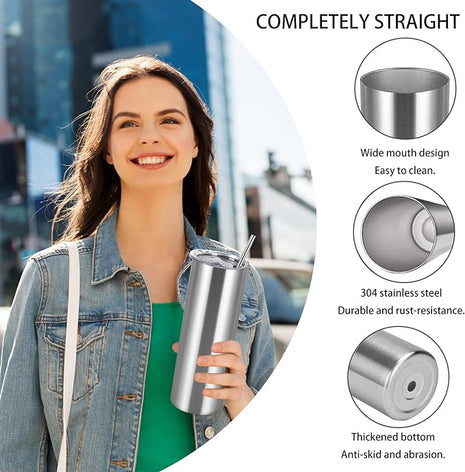 24 Pack 20 Oz Stainless Steel Straight Tumblers, Insulated Slim Skinny Travel Cup Set, BPA-Free Lids and Straws Included, Silver