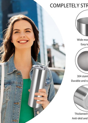 8 Pack 20 Oz Straight Skinny Tumblers, Individually Gift Boxed Stainless Steel Slim Skinny Tumbler Set Bulk, 20 Oz Insulated Slim Thin Travel Tumbler Cup for Diy, Silver