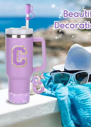 Mity rain 6PCS Cup Accessories Set for Stanley Cup 30oz 40oz tumbler with handle, Including Silicone Straw Topper Cover Cap and Boot, Spill Proof Stopper, Handle Charm, Initials Sticker (Letter C)