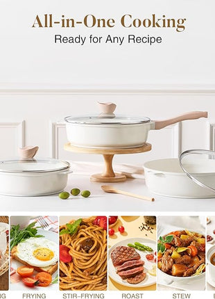 Kordisen Nonstick Ceramic Deep Frying Pan, 10 Inch Non Toxic Skillet with Lid, Healthy Jumbo Cooker, Saute Pan for Cooking, Induction Cookware, PFOA & PFAS Free (Cream)