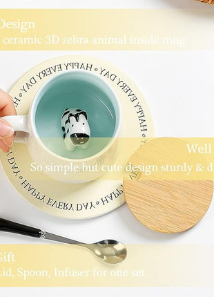 BigNoseDeer Zebra Mug Cute Mugs with 3D Zebra Inside Ceramic Coffee Mug Tea Cup with Spoon and Lid Cool Stuff Birthday Mother's Day Cute Gifts for Women Kids 12oz（Zebra）