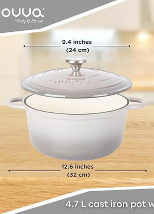 Cast Iron Pot with Lid – Non-Stick Ovenproof Enamelled Casserole Pot, Oven Safe up to 500° F – Sturdy Dutch Oven Cookware – Grey, 5-Quart, 24cm – by Nuovva