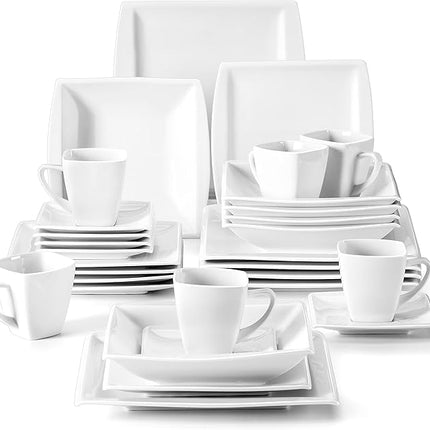 MALACASA Plates and Bowls Sets, Square Dinnerware Sets for 6 (30pcs), Series Blance