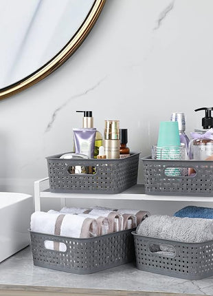 [ 12 Pack ] Plastic Storage Baskets - Small Pantry Organization and Storage Bins - Household Organizers for Laundry Room, Bathrooms, Bedrooms, Kitchens, Cabinets, Countertops, Under Sink or On Shelve