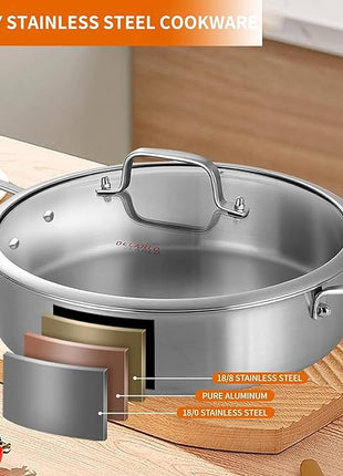 DELARLO Stainless Steel Pans,6QT Saute Pan,12 inch Everyday Pan with Lid,Dishwasher-Friendly Braiser,Stay-Cool Handles,Oven-Safe Up to 660℉