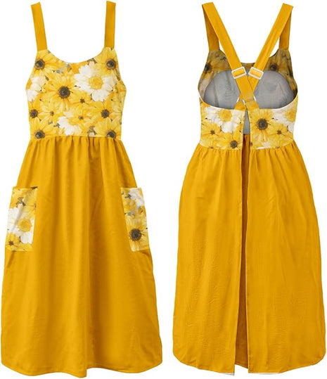 Uaussi Cotton Linen Apron Cross Back Work Apron for Women with Pockets Pinafore Dress X Cross Halter Apron for Chef Gardening