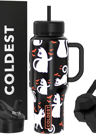 Coldest Tumbler with Handle and Straw, 100% Leak Proof Insulated Tumbler with Lid and Straw (3 Lids), Stainless Steel Tumblers for Women & Men, Cup Holder Friendly Base, 36 oz (Bats and Cats)