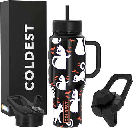 Coldest Tumbler with Handle and Straw, 100% Leak Proof Insulated Tumbler with Lid and Straw (3 Lids), Stainless Steel Tumblers for Women & Men, Cup Holder Friendly Base, 36 oz (Bats and Cats)