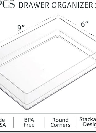 STORi SimpleSort 3-Piece Stackable Clear Drawer Organizer Set | 9" x 6" x 2" Rectangle Trays | Wide Makeup Vanity Storage Bins and Office Desk Drawer Dividers | Made in USA