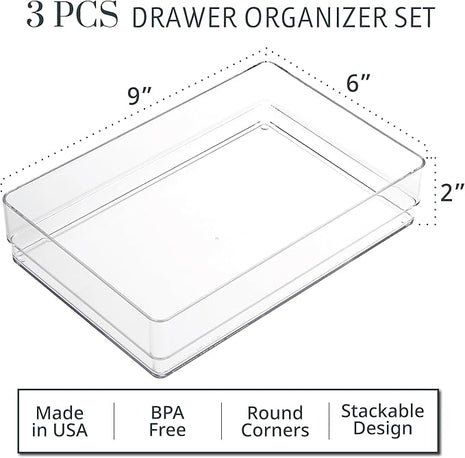STORi SimpleSort 3-Piece Stackable Clear Drawer Organizer Set | 9" x 6" x 2" Rectangle Trays | Wide Makeup Vanity Storage Bins and Office Desk Drawer Dividers | Made in USA