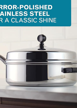 Farberware Classic Series Anniversary Edition Stainless Steel Sauté Pan and Lid with Helper Handle, Induction Suitable, 6 Quart Jumbo Cooker, Metal Utensil Safe - Stainless Steel