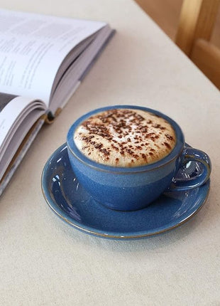 LE TAUCI 6 oz Cappuccino Cups with Saucers, Ceramic Coffee Cup for Au Lait, Double shot, Latte, Cafe Mocha, Tea - Set of 4, Ceylon Blue