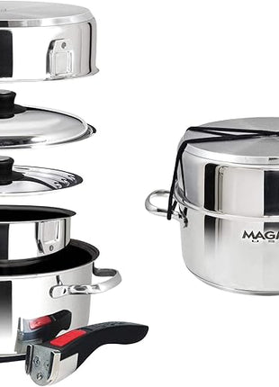 Magma 7 Piece Gourmet Nesting Stainless Steel Cookware Set with Ceramica Non-Stick, Induction Compatible, Oven Safe to 500°F - Suitable for All Stovetops, Removable Handles, Stainless Steel