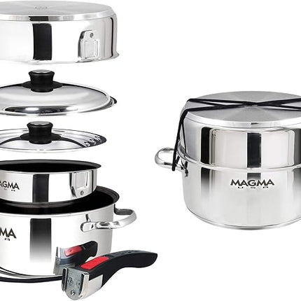 Magma 7 Piece Gourmet Nesting Stainless Steel Cookware Set with Ceramica Non-Stick, Induction Compatible, Oven Safe to 500°F - Suitable for All Stovetops, Removable Handles, Stainless Steel