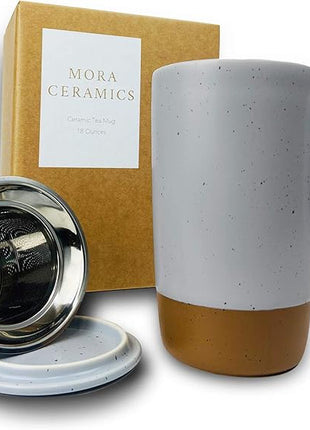 Mora Ceramics Large Tea Mug with Loose Leaf Infuser and Ceramic Lid, 18 oz, Portable, Microwave and Dishwasher Safe, Tall Coffee Cup - Rustic Matte Ceramic Glaze, Modern Herbal Tea Strainer, Sleet