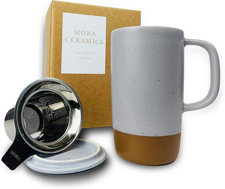 Mora Ceramics Large Tea Mug with Loose Leaf Infuser and Ceramic Lid, 18 oz, Portable, Microwave and Dishwasher Safe, Tall Coffee Cup - Rustic Matte Ceramic Glaze, Modern Herbal Tea Strainer, Sleet