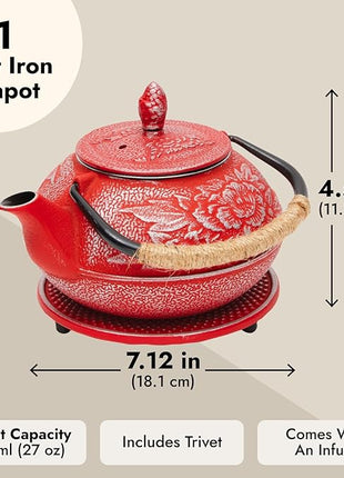 Juvale Japanese Cast Iron Teapot with Infuser - Red, 27 oz (800 ml), 3-Pc Teapot Set - Stovetop Kettle for Loose Leaf Brewing - Removable Stainless Steel Infuser & Trivet Included