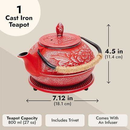 Juvale Japanese Cast Iron Teapot with Infuser - Red, 27 oz (800 ml), 3-Pc Teapot Set - Stovetop Kettle for Loose Leaf Brewing - Removable Stainless Steel Infuser & Trivet Included