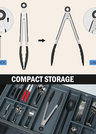Kitchen Tongs, Stainless Steel Silicone Tongs for Cooking 600ºF High Heat-Resistant BBQ Grilling Locking Tongs, Set of 2-9" and 12" Black