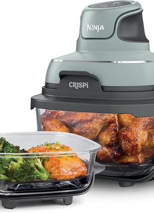 Ninja Crispi Air Fryer, Microwave, Freezer & Dishwasher Safe, Non Toxic Glass Portable Cooking System, 4 QT & 6 Cup Glass Containers with Storage Lids, Easy Meals, Air Fry, Bake, Green, FN101SG