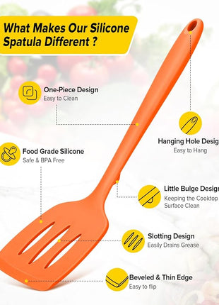 Pack of 2 Silicone Spatula Turners, Non Stick Slotted Kitchen Spatula Set, Heat Resistant BPA Free Kitchen Utensils, One-Piece Design, Suitable for Flipping Fish, Eggs, Steak, Pancakes (ORANGE)