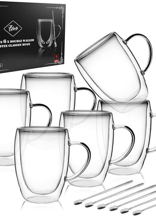 LIBWYS 6 Pack Double Walled Coffee Cups Glasses Mugs, 12oz Espresso Cappuccino Latte Tea Cups with Handle, Heat Resistant Borosilicate Clear Glasses 350ml