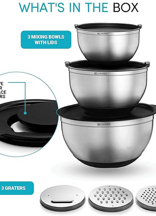 Belwares Mixing Bowls with Lids Set - Nesting Bowls with Graters, Handle, Pour Spout, Airtight Lids - Stainless Steel Non-Slip Mixing Bowl for Cooking, Baking, Prepping, Food Storage (Set of 3)