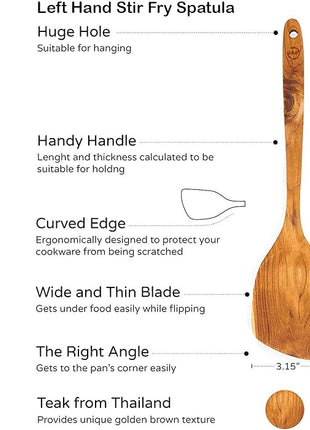 FAAY 13.5” Left-Hand Stir Fry Spatula – True Left-Hand Angled Teak Wooden Turner for Wok & Nonstick Pans, Natural Coconut Oil Finish, Handcrafted Wood Tool for Stirring & Flipping